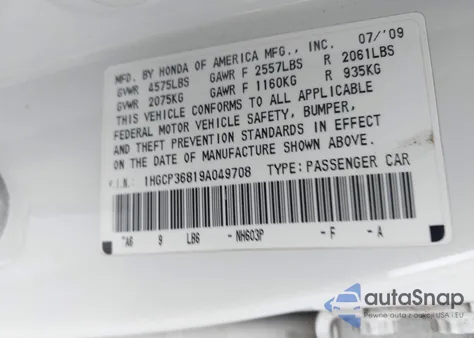 2009 Honda Accord 3.5 Ex-L z USA, uszkodzony, nr VIN 1HGCP36819A049708
